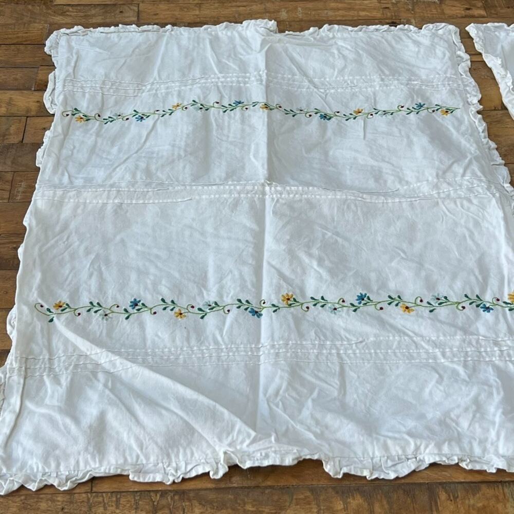 Vintage White Cotton Pillowcases With Hand-Embroidered Floral 21x27 Set Of Two